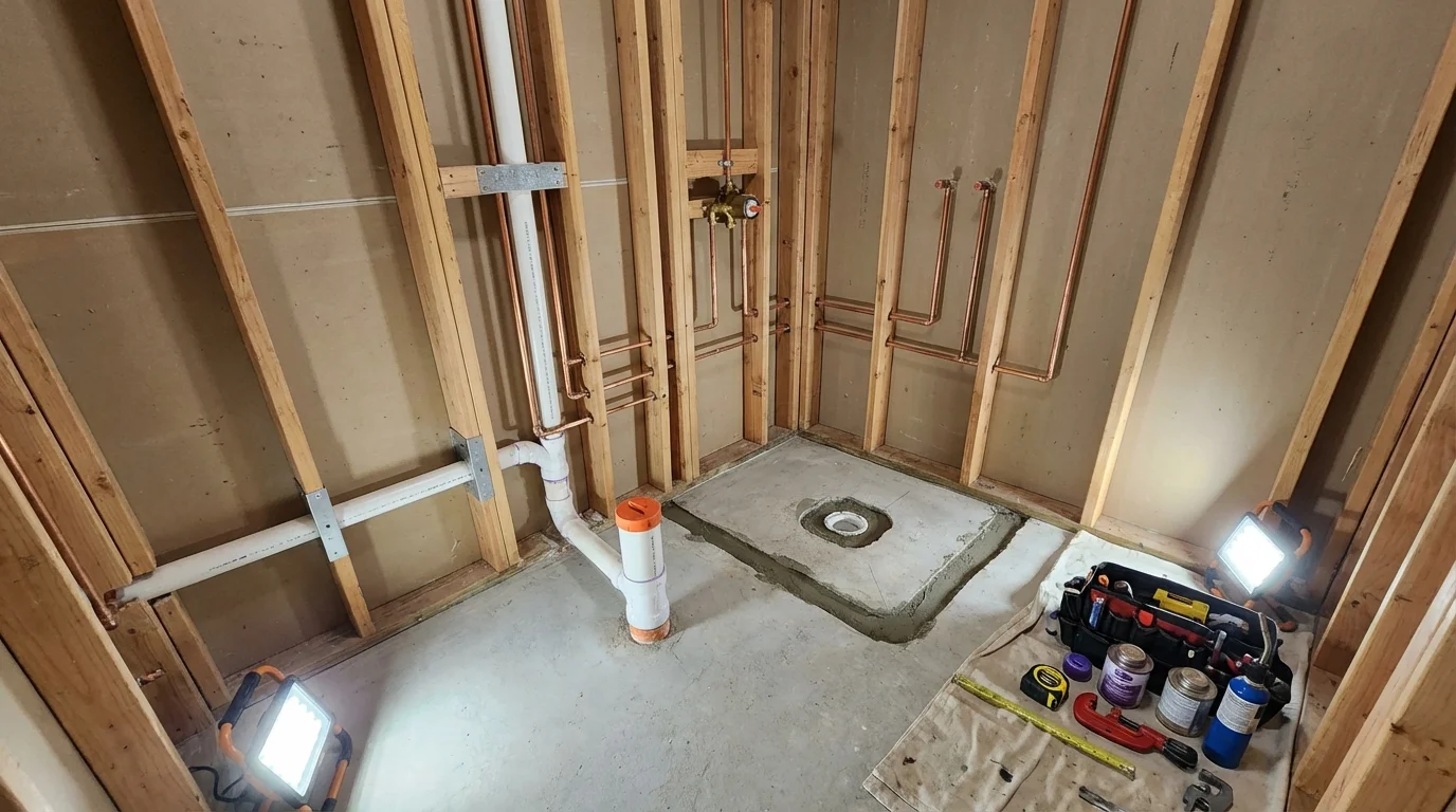 Bathroom rough-in plumbing during remodel by Johns Plumbing LLC in Butler