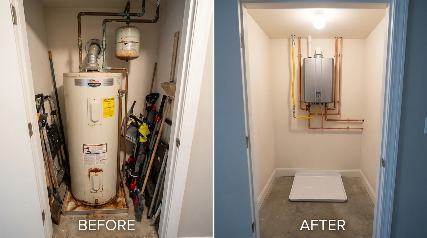 Tank water heater versus wall-mounted tankless unit comparison for Butler, WI homeowners