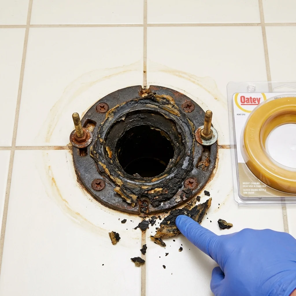 Failed wax ring showing water seepage at the base of a toilet in a Butler, WI home