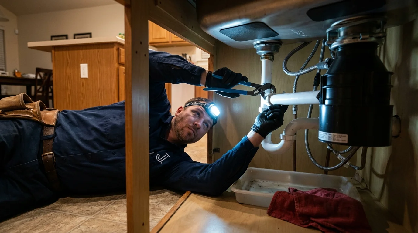 P-trap and supply line connections under a kitchen sink showing a common leak point in Butler, WI